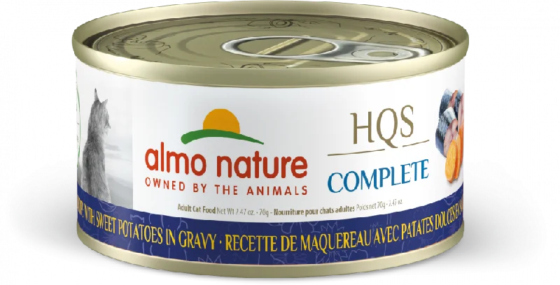    - High-fiber cat food  Almo Nature HQS Complete Cat Grain Free Mackerel with Sweet Potatoes In Gravy Canned Cat Food