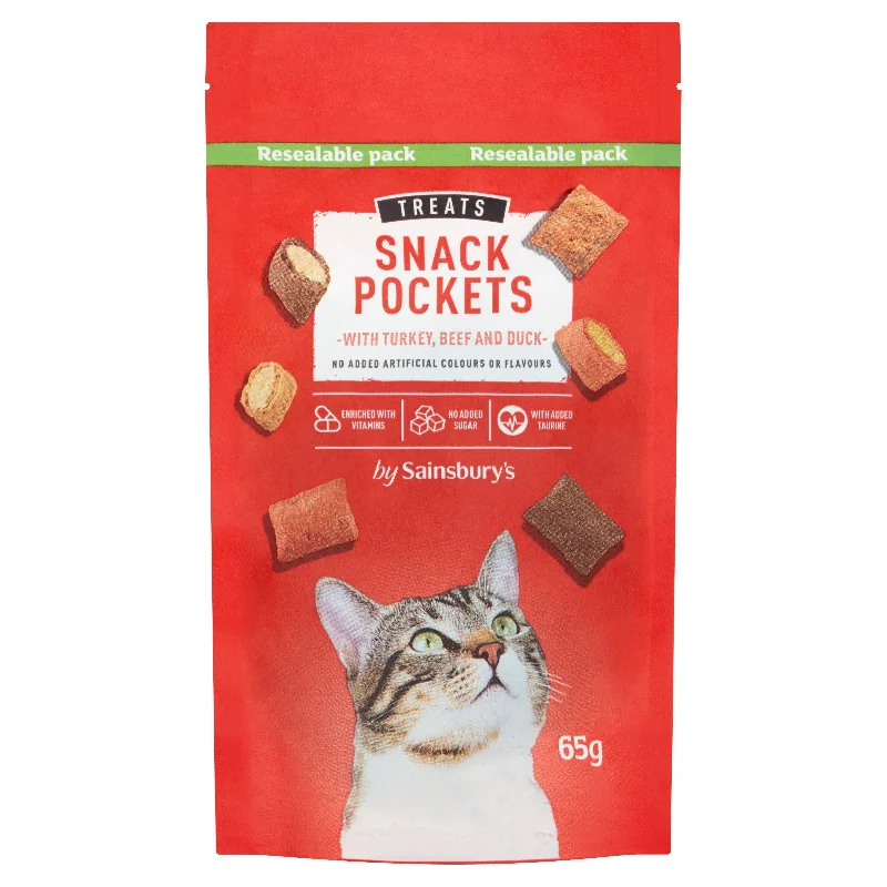    - Cat food for multi-cat households  Sainsbury's Cat Treat Snack Pockets with Turkey, Beef & Duck 65g