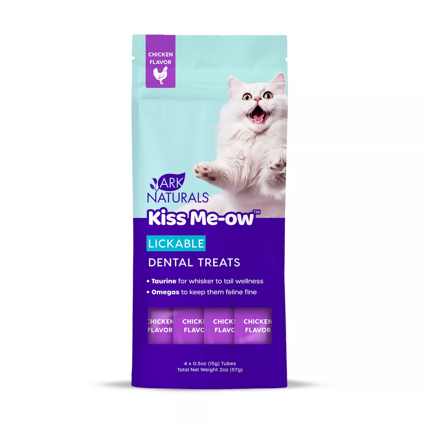 2. **Brand-Related**  Ark Naturals Kiss Me-Ow Chicken Lickable Dental Cat Treats