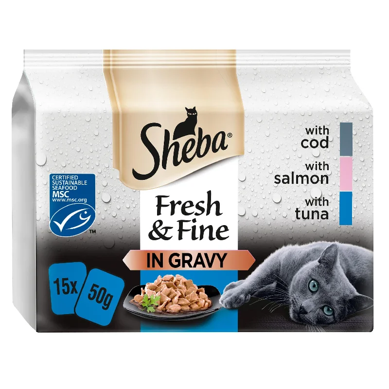    - High-protein cat food  Sheba Fresh Choice Cat Food Pouches Fish in Gravy 15 x 50g