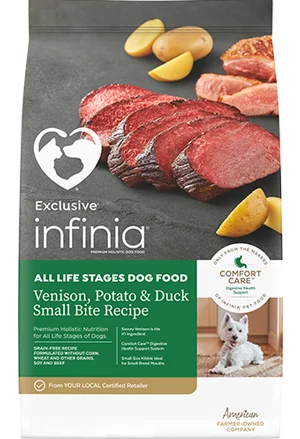 - Parrot climbing and standing wooden frameExclusive Infinia Venison, Potato & Duck Small Bite Recipe All Life Stages Dog Food