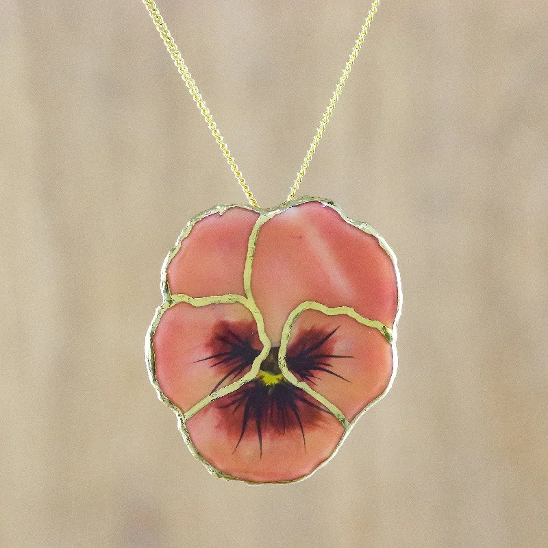 ---Pansy Resin Dipped Pink Pansy 24K Gold Plated Pendant Necklace