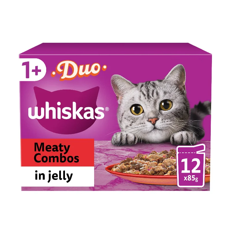    - Affordable cat food with good quality  Whiskas 1+ Duo Meaty Combos Adult Wet Cat Food Pouches in Jelly 12x85g