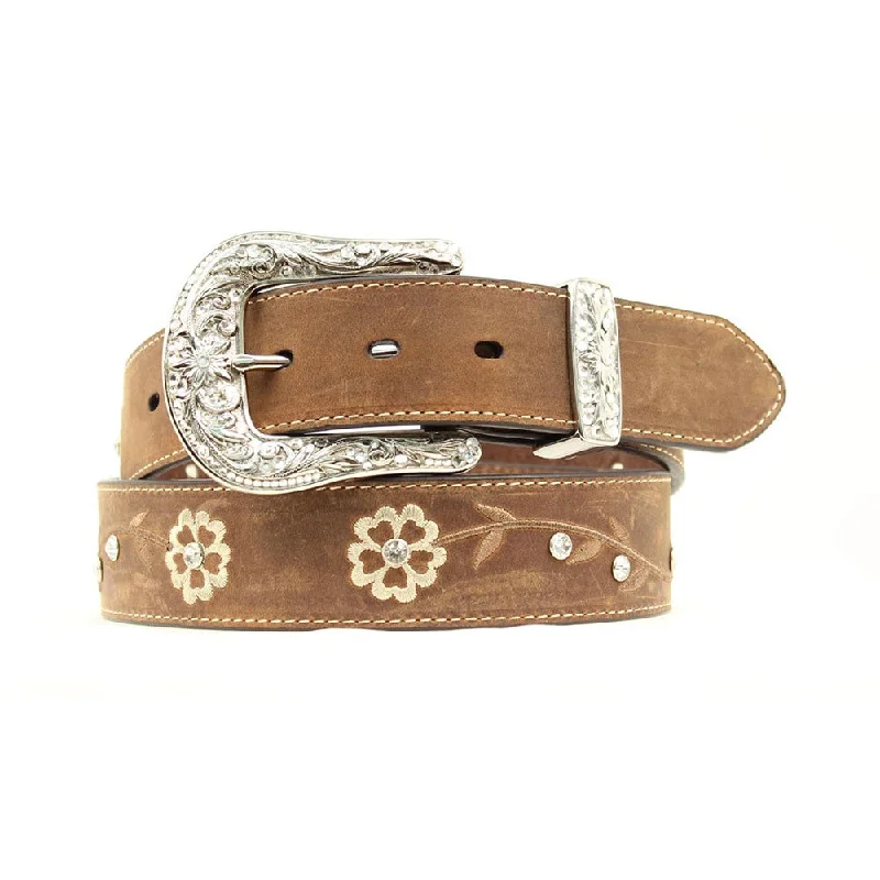 ---Womens Scrolling Flowers Brown Leather Belt