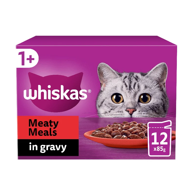    - Affordable cat food with good quality  Whiskas 1+ Meaty Meals Adult Wet Cat Food Pouches in Gravy 12x85g