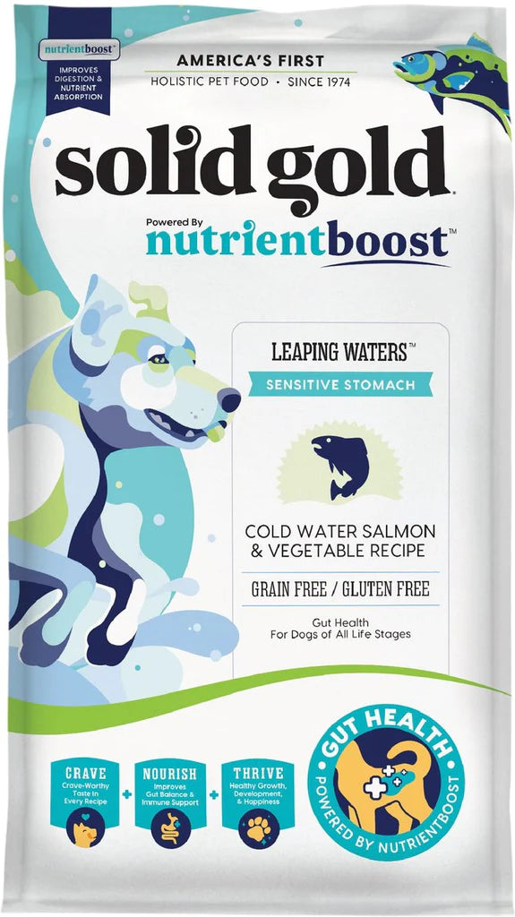 - Natural ingredient dog foodSolid Gold Leaping Waters Cold Water Salmon & Vegetable Recipe Grain-Free Adult Dry Dog Food, 22-lb