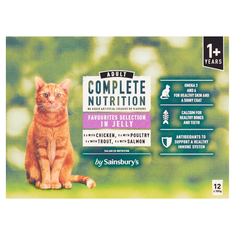    - Outdoor cat food  Sainsbury's Complete Nutrition 1+ Adult Cat Food Meat & Fish Selection in Jelly 12x100g