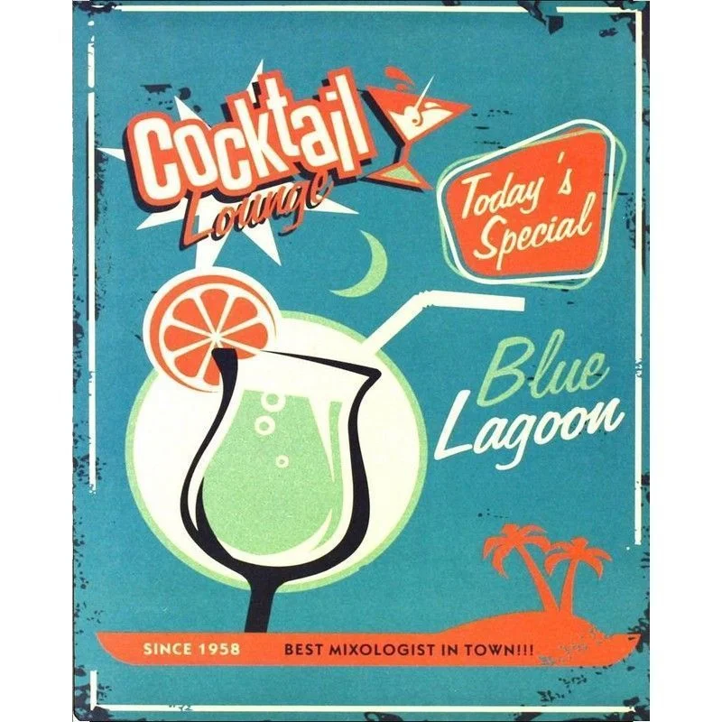 ---Vintage Blue Lagoon Cocktail Lounge Sign Metal Wall Mounted - 42cm