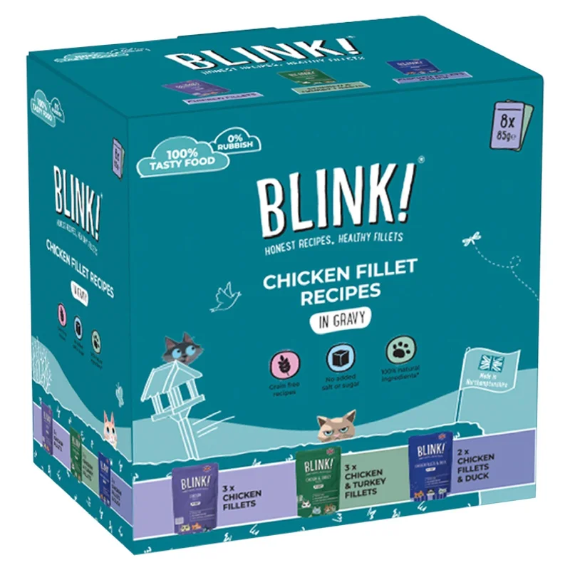    - Cat food for spayed/neutered cats  Blink! Wet Cat Food Chicken Pouch Selection in Gravy 8x85g