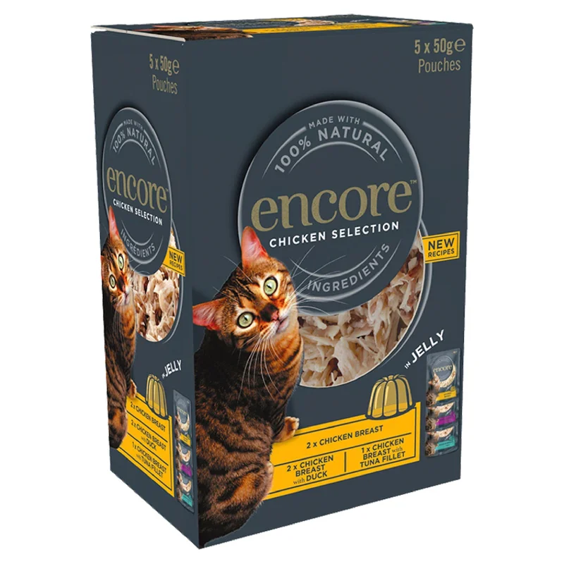 3. **Ingredient-Related**  Encore Natural Wet Cat Food Chicken Selection in Jelly Pouches 5x50g